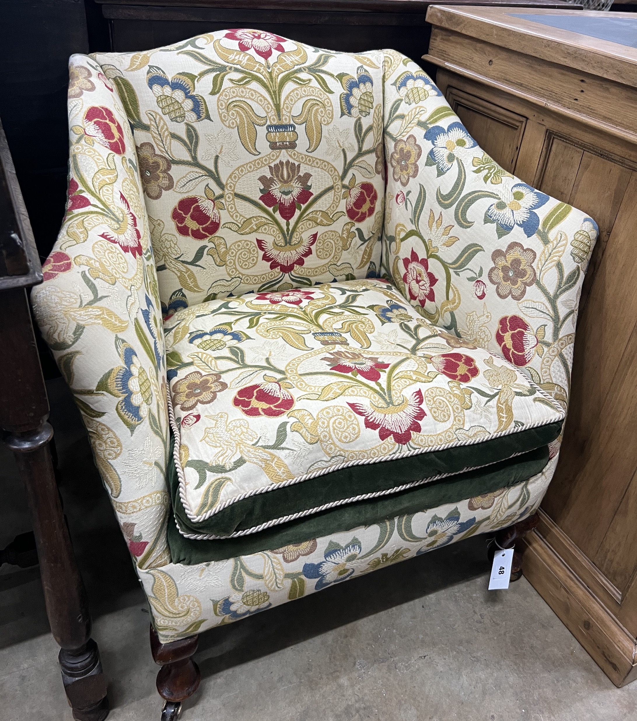 An Edwardian upholstered square framed elbow chair, width 72cm, depth 62cm, height 76cm